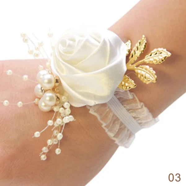 Bridesmaid Faux Rose Bracelet Wedding Wrist Corsage Polyester Ribbon Pearl Bow Bridal Gifts Hand Flowers Party Prom Accessories - Image 2