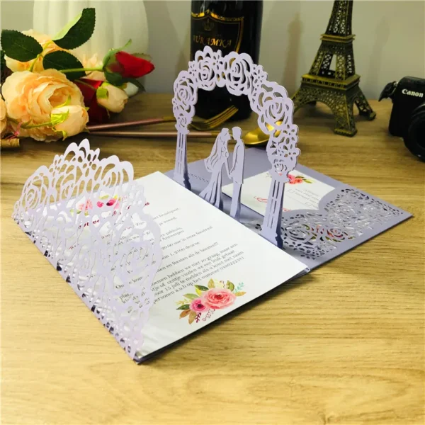 50 pieces 3D Pop-Up Blush Pink Wedding Invitation, Personalized PrintLaser Cut Pocket Bride and Groom Greeting Invite Card IC144 - Image 12