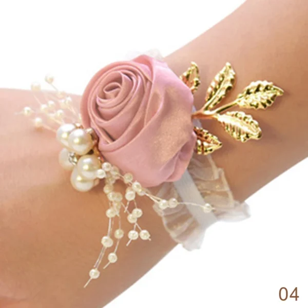 Bridesmaid Faux Rose Bracelet Wedding Wrist Corsage Polyester Ribbon Pearl Bow Bridal Gifts Hand Flowers Party Prom Accessories - Image 15