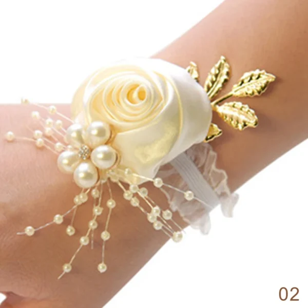 Bridesmaid Faux Rose Bracelet Wedding Wrist Corsage Polyester Ribbon Pearl Bow Bridal Gifts Hand Flowers Party Prom Accessories - Image 16