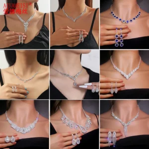 AINAMEISI Bridal Wedding Necklace Earrings Set Silver Rhinestone Necklace Bridal Crystal Jewelry Accessories (3 Pcs Set)