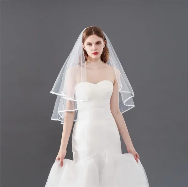 Two-Layers Short Wedding Bridal Ribbon Edge Veils with Comb Bridal Accessories - Image 3