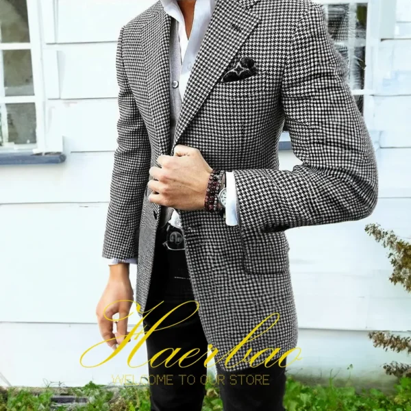 Houndstooth Fashion Men's Suit Jacket Pants 2-Piece Set Formal Business Slim Fit Outfit Custom Groom Blazer - Image 2