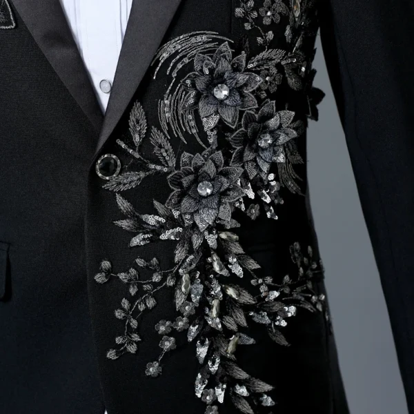 Mens Floral Sequin Black Tuxedo Suits With Pants Party Wedding Groom 2 Pieces Suit Male Stage Prom Suit Costume - Image 5