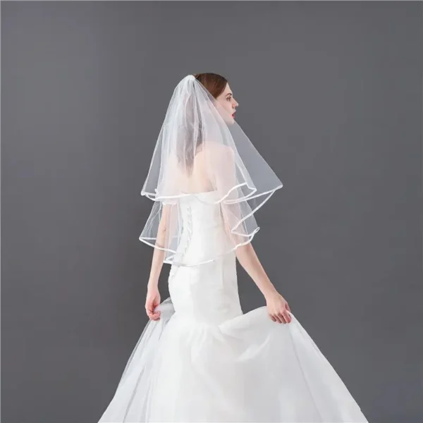 Two-Layers Short Wedding Bridal Ribbon Edge Veils with Comb Bridal Accessories - Image 4