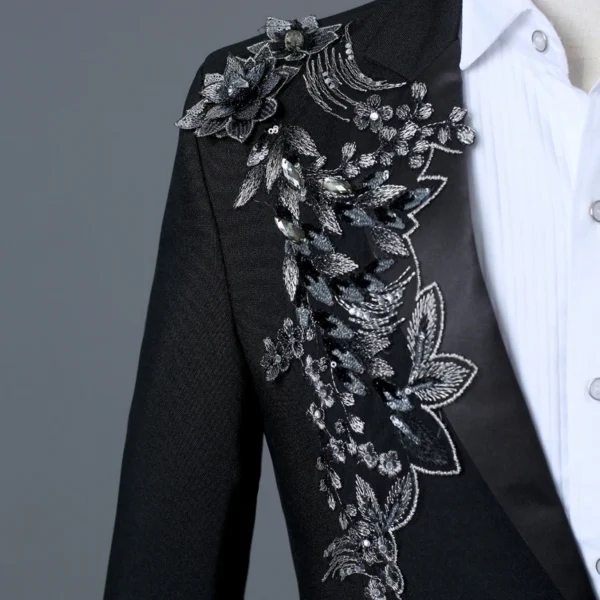 Mens Floral Sequin Black Tuxedo Suits With Pants Party Wedding Groom 2 Pieces Suit Male Stage Prom Suit Costume - Image 3