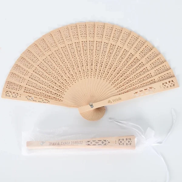 20/60 Pcs of Personalized Carved Wood Wedding Fans, Wedding Gifts For Guests,  With organza bag, mariage abanicos para boda - Image 2