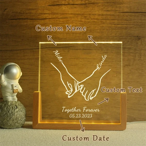 Personalized Crystal Lamp,Custom Night Light,Anniversary,Valentines Day Gifts,Personalized Name Holding Hands Line Customization - Image 3