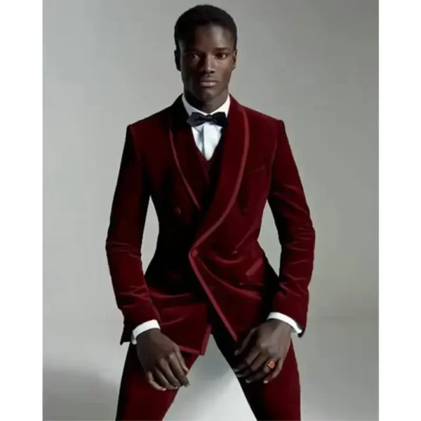 Velvet Suit for Men Double Breasted Shawl Lapel Groom Blazer Slim Fit Wedding Tuxedo 3 Piece Prom Suit (Jacket+Vest+Pants)