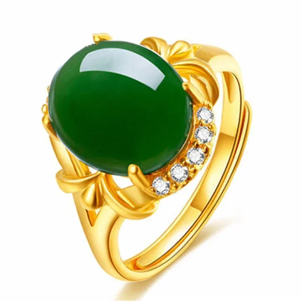 Hetian Long Lasting Ring Pure Plated Real 18k Yellow Gold 999 24k Inlaid Jade Emerald Opening Adjustable Gift Ring Never Fade Je - Image 5