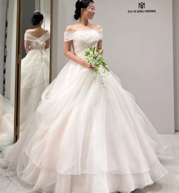 SONDR Off Shoulder Organza Customized Tiered  Elegant Wedding Dresses Ivory Korea Simple Brides Gowns Women Bridal Dresses - Image 3