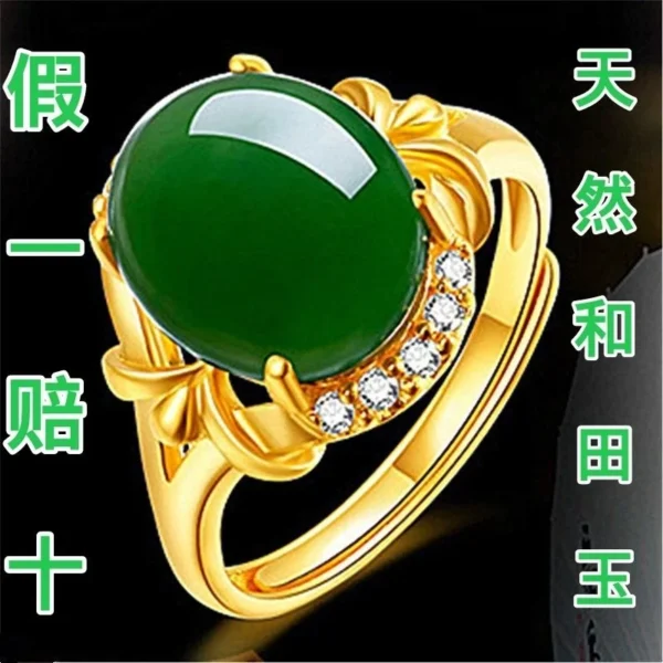 Hetian Long Lasting Ring Pure Plated Real 18k Yellow Gold 999 24k Inlaid Jade Emerald Opening Adjustable Gift Ring Never Fade Je - Image 2