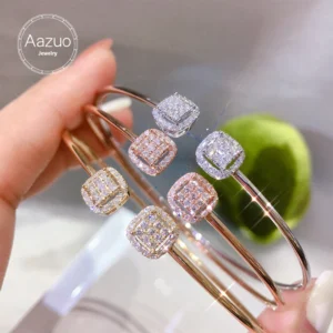 Aazuo Real 18K White Gold Rose Gold Yellow Gold Real Diamonds Square Open CUFF Bangle For Woman Upscale Trendy  Engagement Party